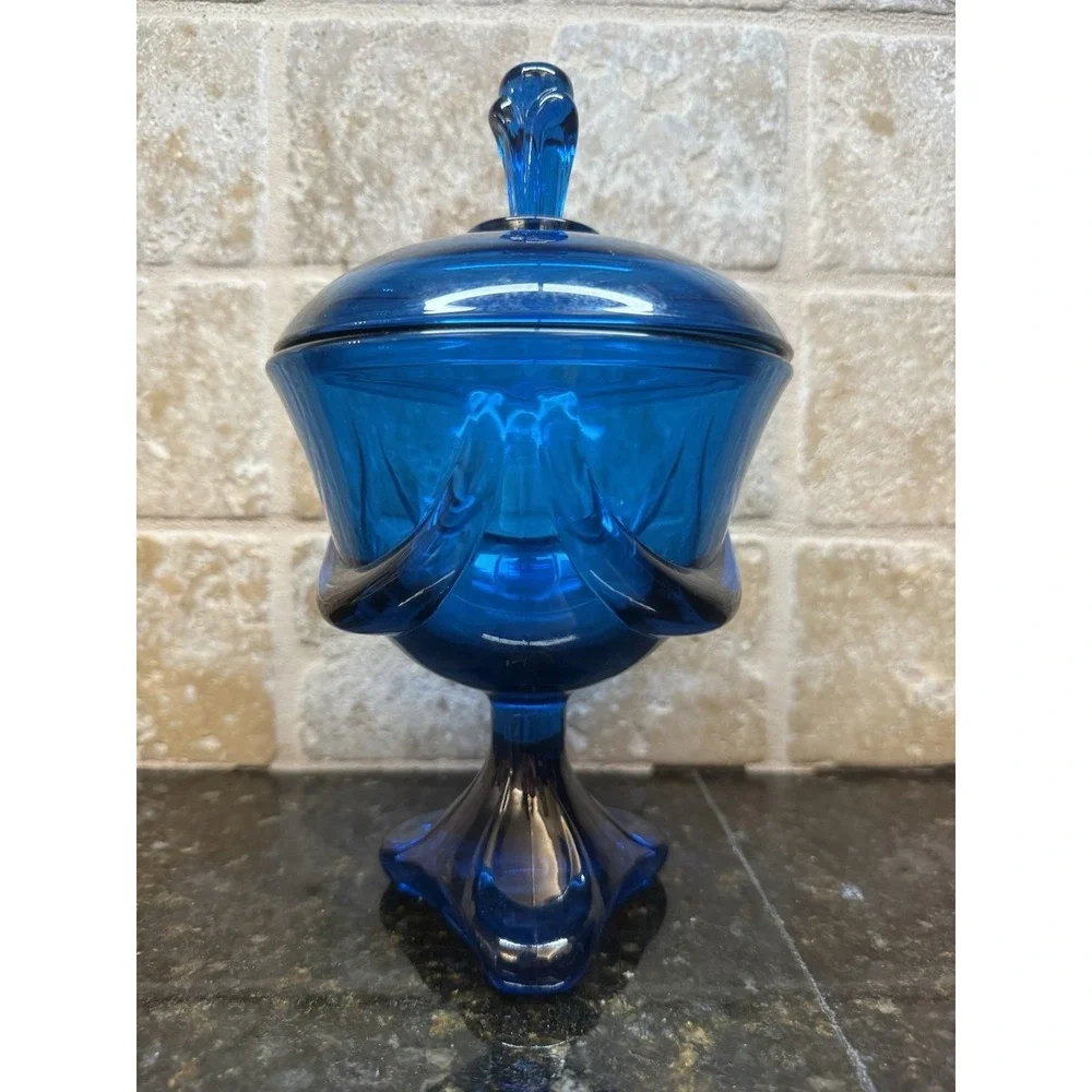 Viking Three Feet Foils BLUENIQUE Blue Covered Lidded Candy‎ Dish Compote
